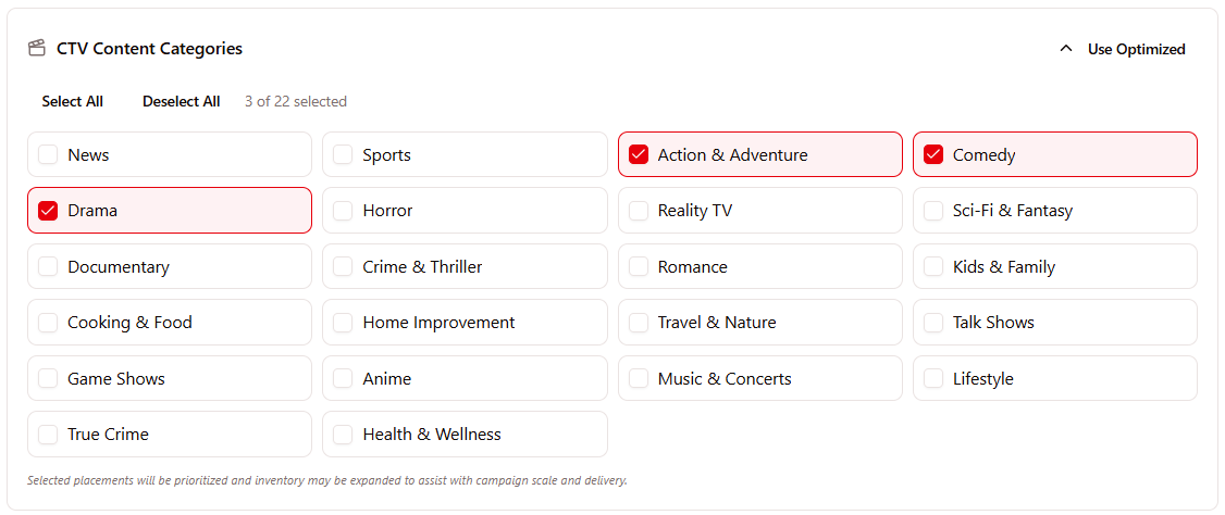 CTV content category selector inside the Manifold campaign wizard, with genres from News to Anime and multi-select